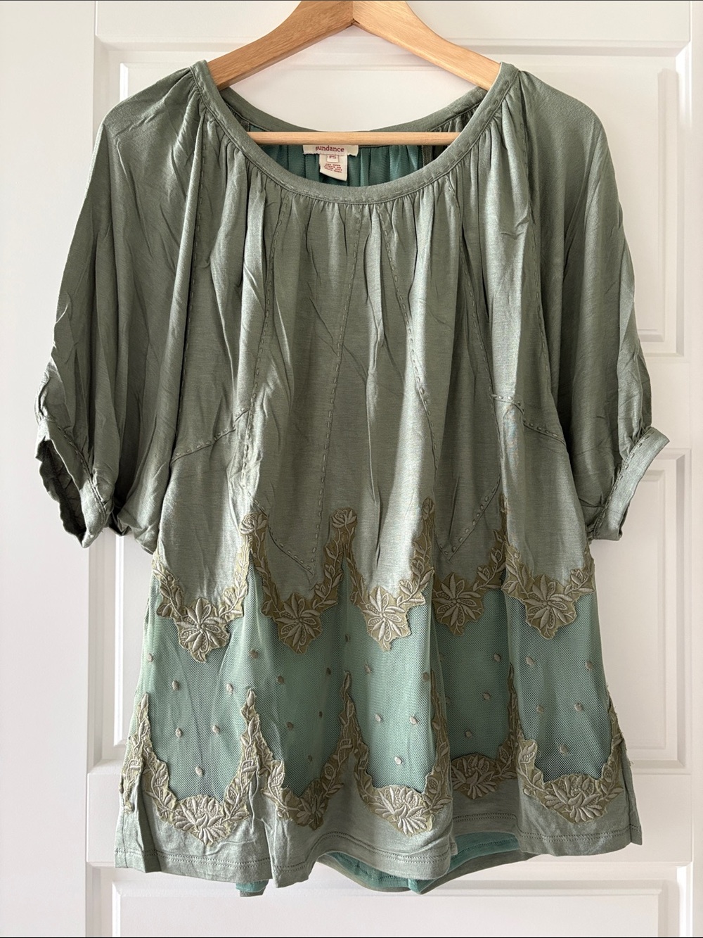 NWOT Sundance Olive Green Mesh Embroidered Shirt Petite Small